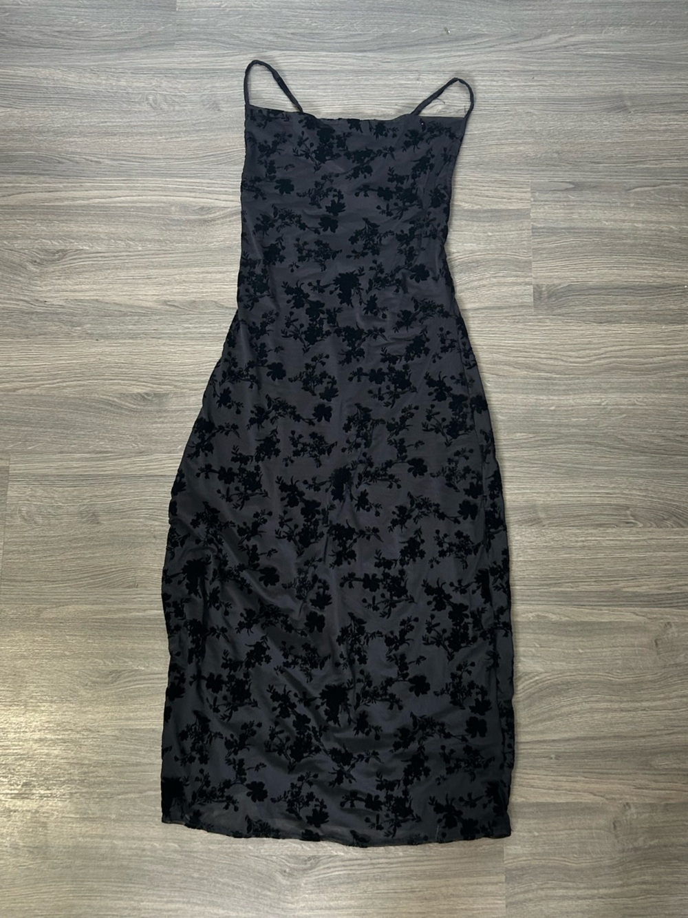 Black Floral Burnout Velvet Mesh Midi Dress with Crossover Adjustable Straps